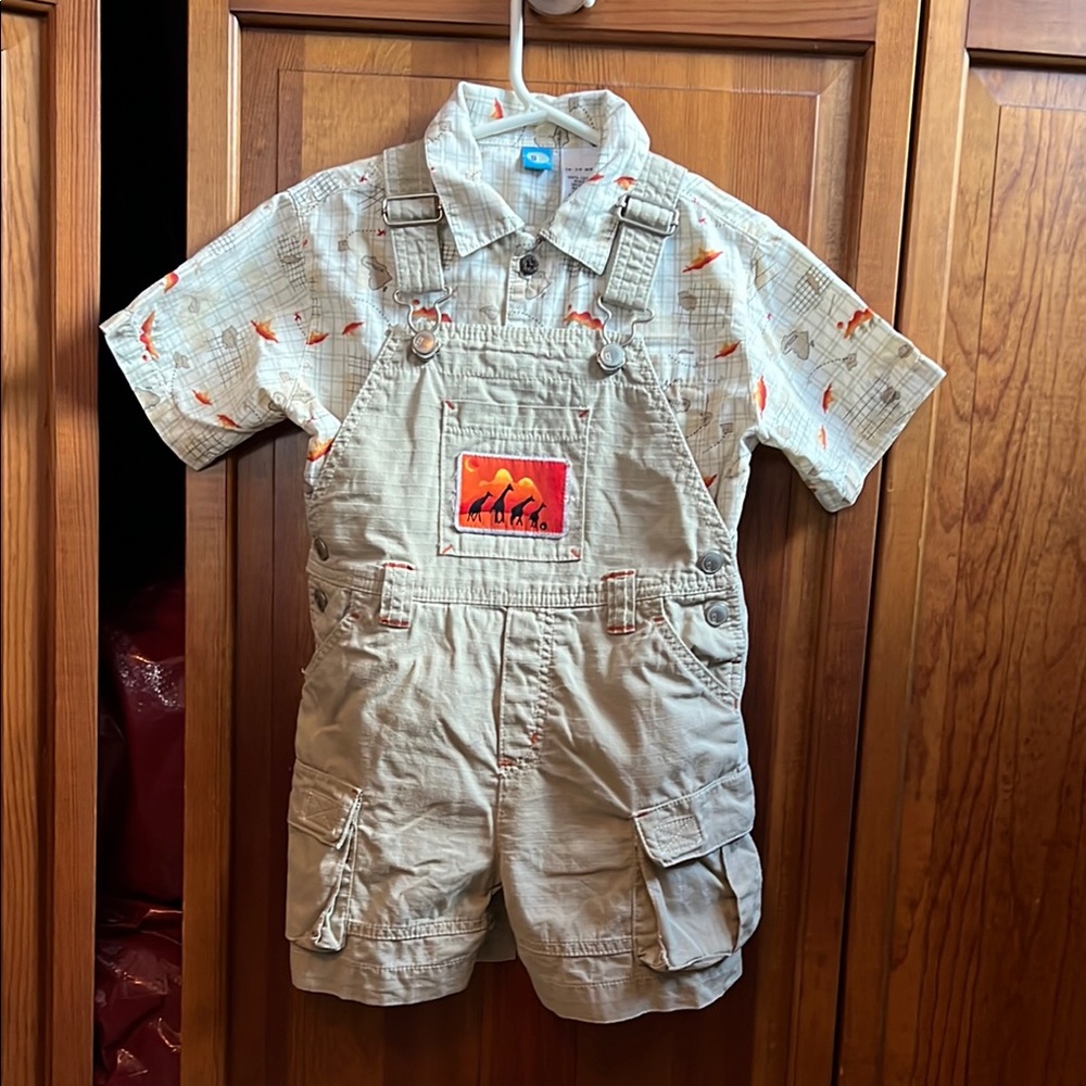 Gymboree Tan Overalls with Printed Shirt